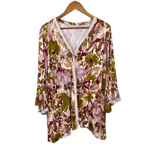 LOGO by Lori Goldstein Print Rayon 230 Cardigan with Lace & Ruffles Olive Branch